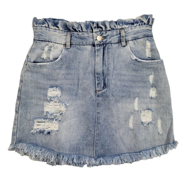 Hayden Denim Jean Skirt NEW Paperbag Ruffle Waist Sz M Distressed Pockets Light - Picture 12 of 12